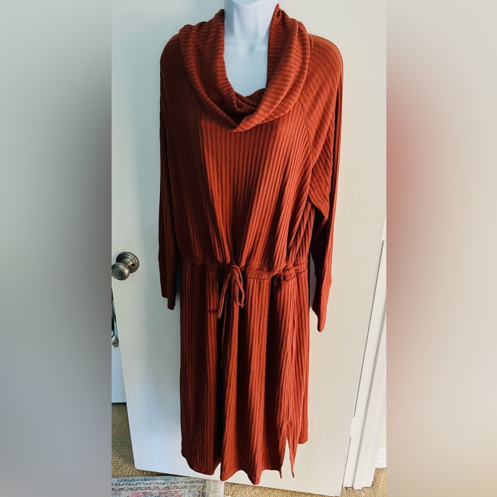 AnyBody Rust Long Sleeve cowl neck Ribbed Dress-Size XL